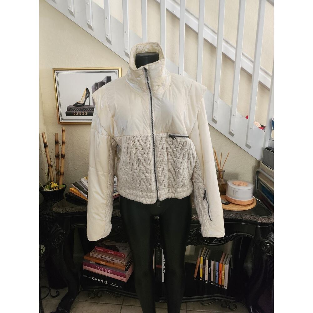 Free People Off White Cable Knit Puffer Jacket Zip up Size L - Picture 3 of 6